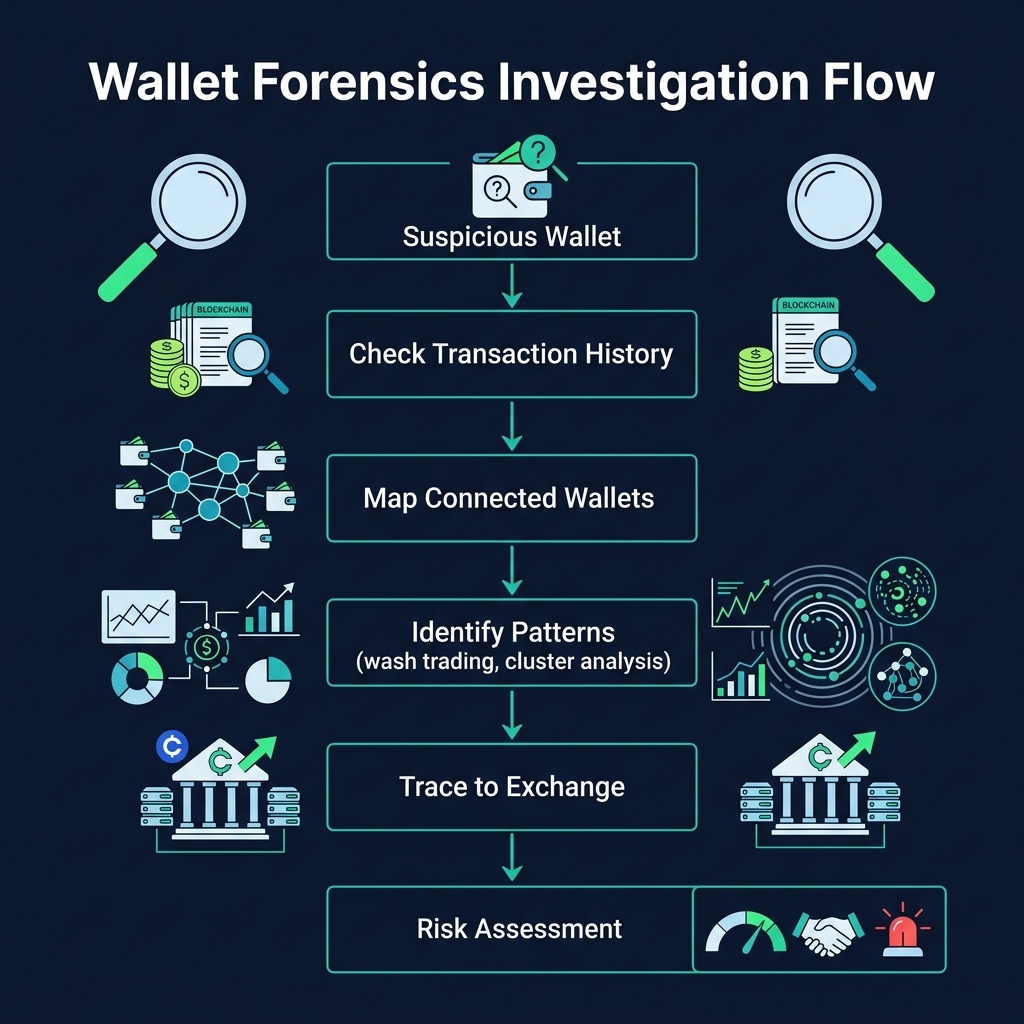 Wallet forensics investigation flow: Suspicious Wallet → Transaction History → Connected Wallets → Pattern Analysis → Risk Assessment