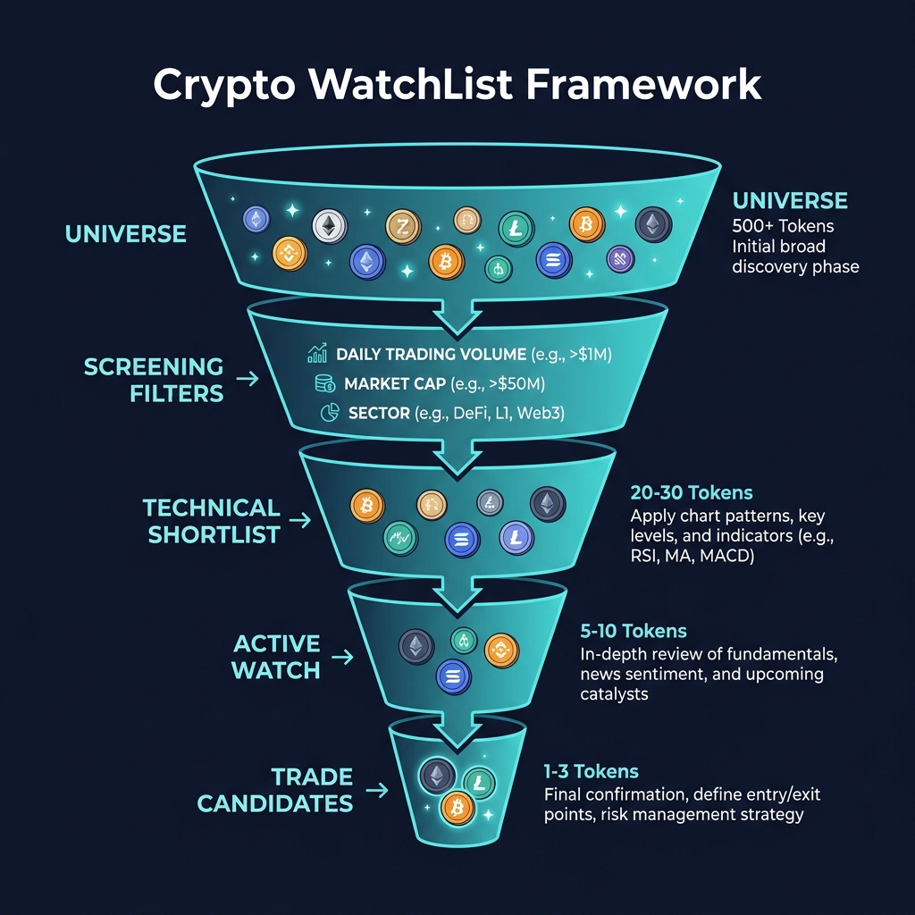 Watchlist funnel — 500+ tokens → filters → shortlist → active watch → trade candidates