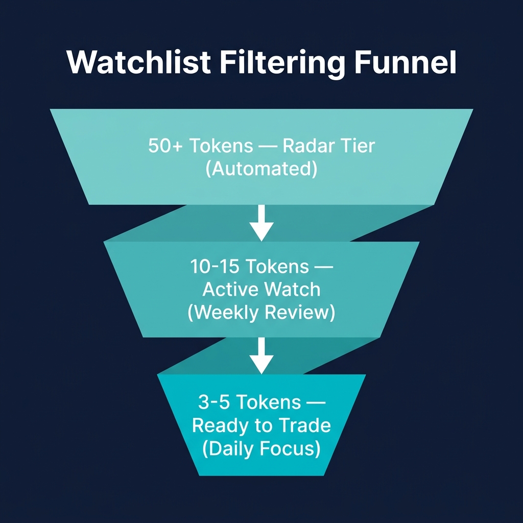 Watchlist filtering funnel: 50+ Radar tokens → 10-15 Active Watch → 3-5 Ready to Trade