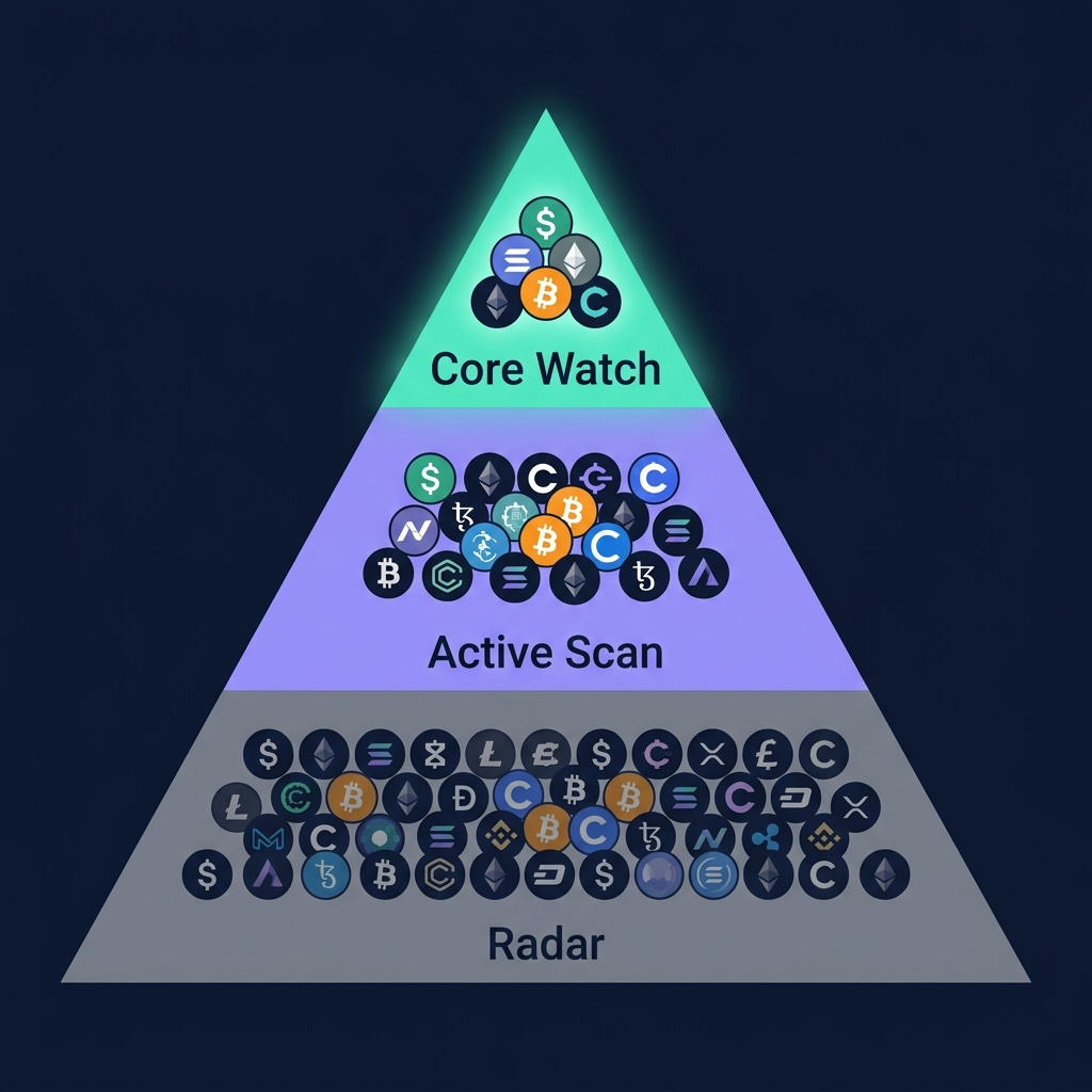 3-tier watchlist pyramid: Core Watch, Active Scan, and Radar tiers
