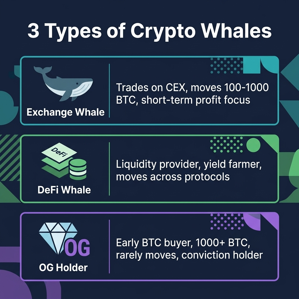 Three types of crypto whales — Exchange Whale, DeFi Whale, and OG Holder with their characteristics