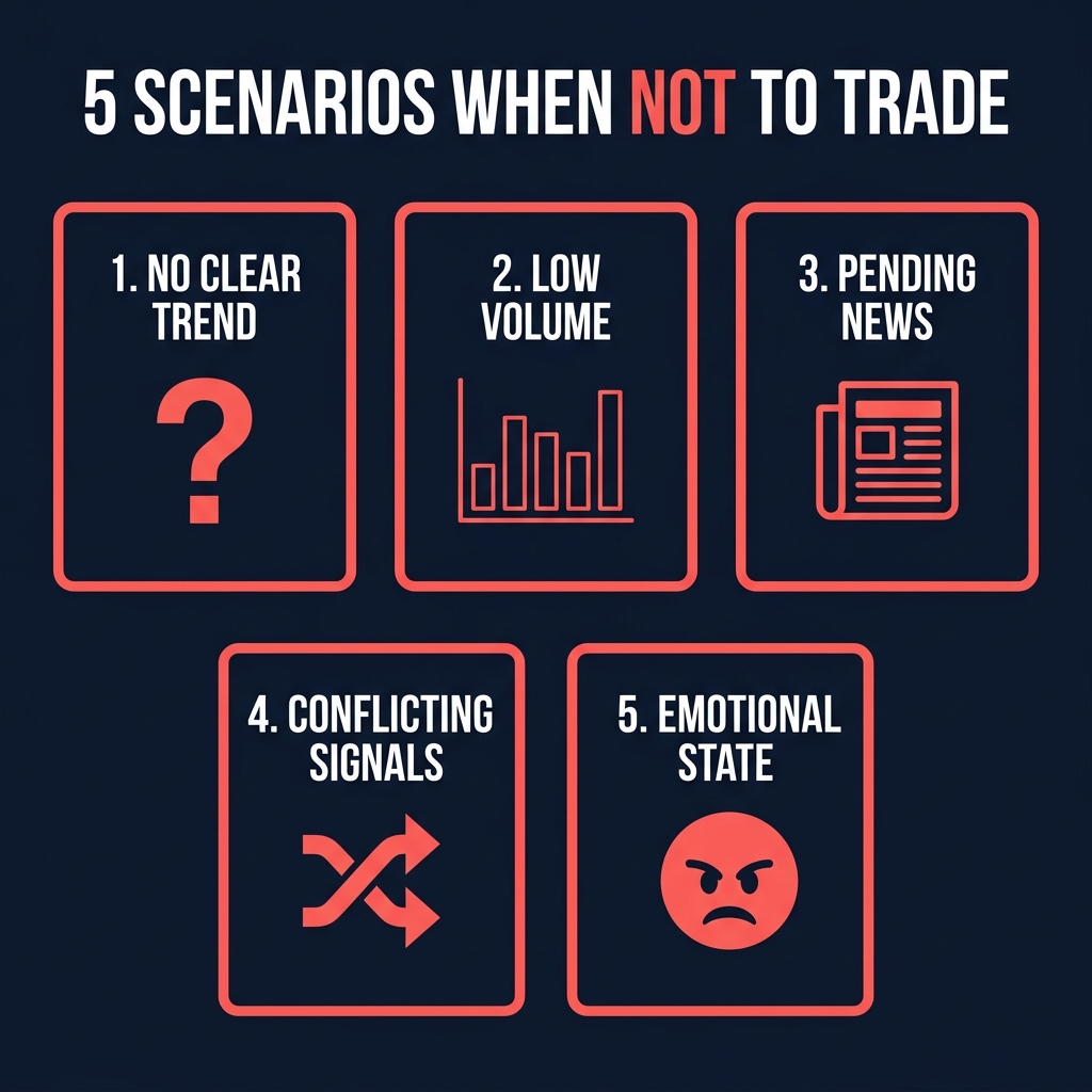 5 scenarios when you should NOT trade: No trend, low volume, pending news, conflicting signals, emotional state