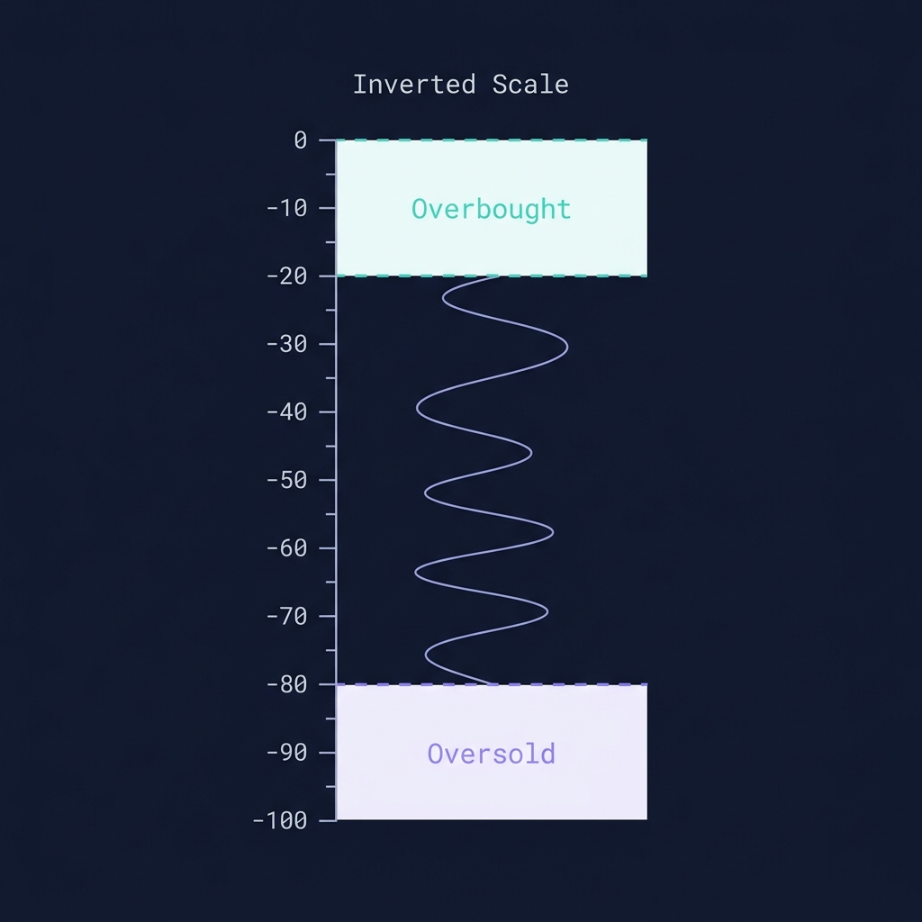 Williams %R scale diagram — 0 to -100 range with overbought zone at -20, oversold zone at -80