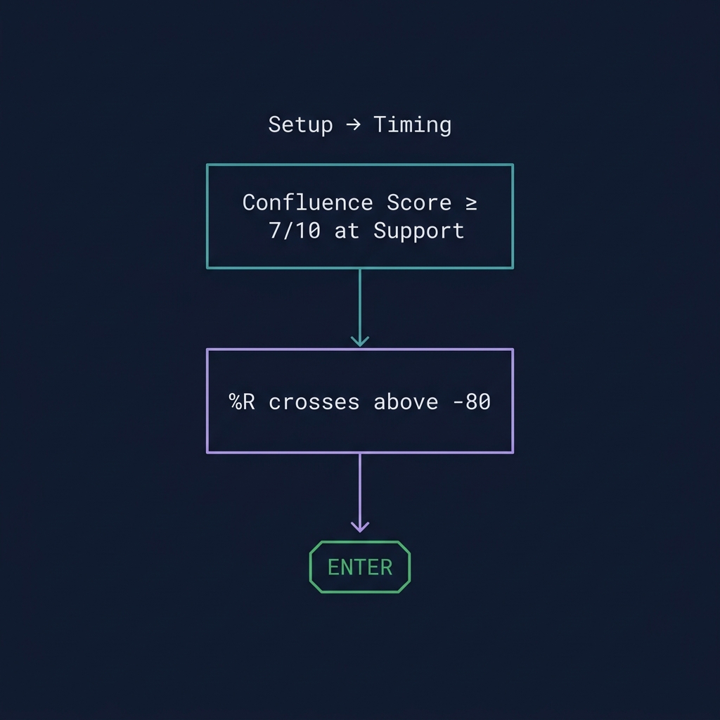 Williams %R timing refinement — using Confluence Score for setup identification and %R for precise entry timing