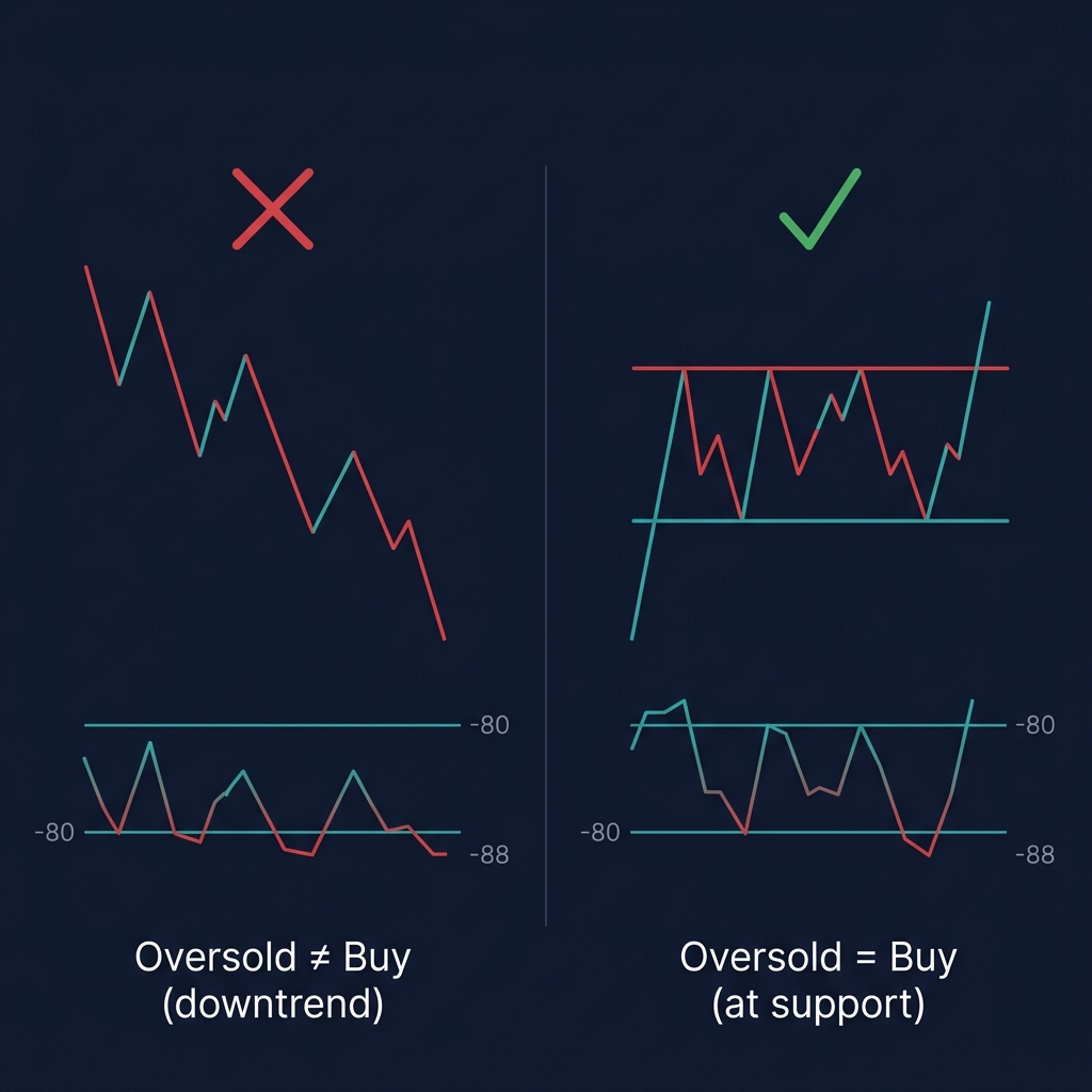 Williams %R behavior in trending vs ranging markets — false oversold in downtrend vs reliable oversold at support