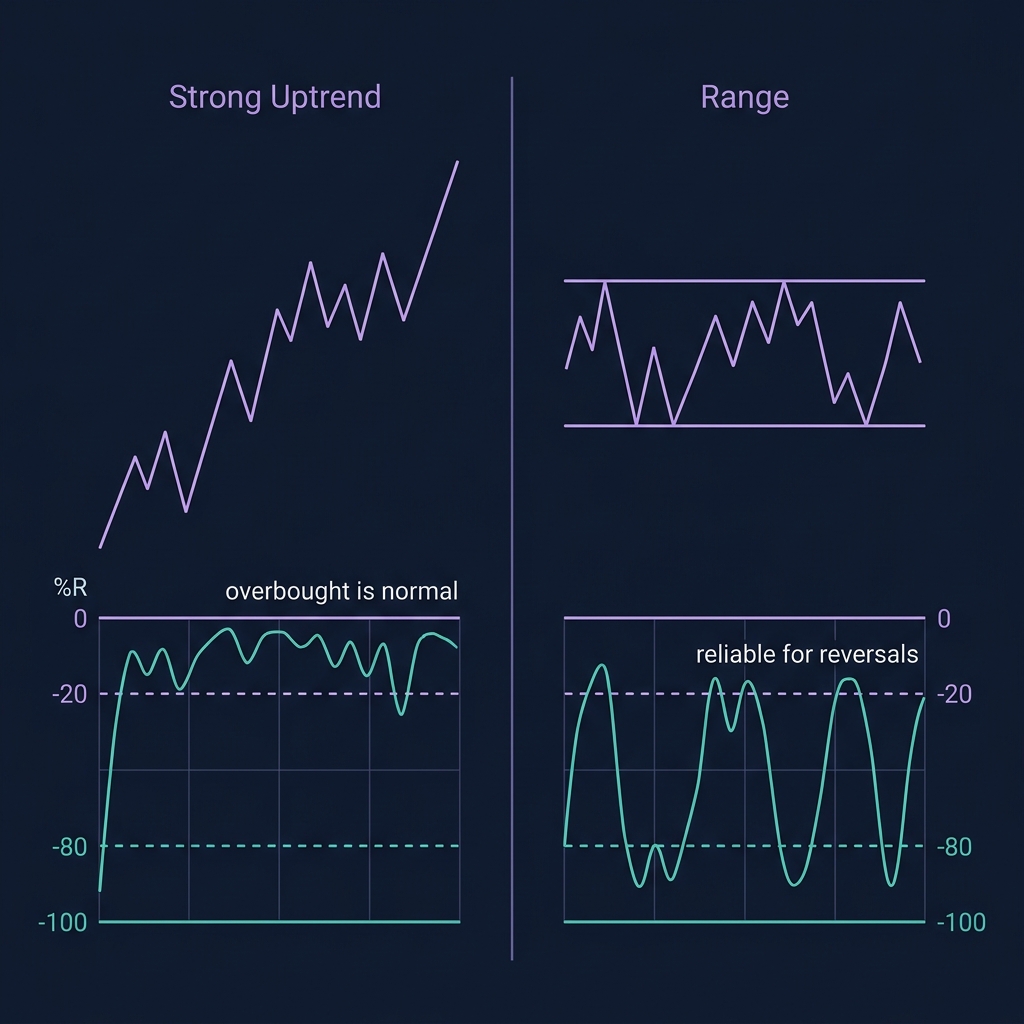 Williams %R overbought/oversold zones with trend context — staying overbought in strong trends vs mean-reverting in ranges