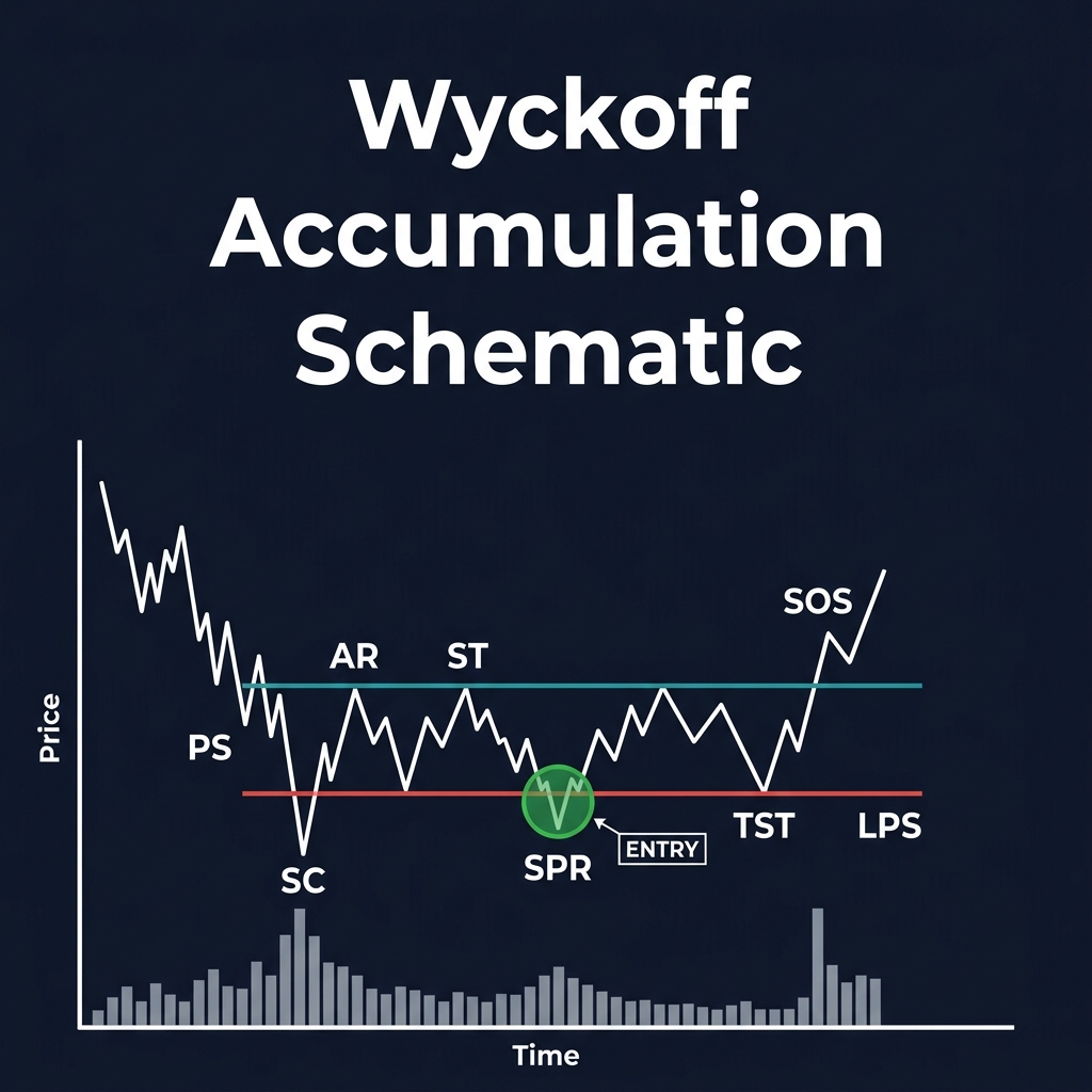 Wyckoff Accumulation Schematic showing PS, SC, AR, ST, Spring (entry), TST, SOS, LPS with volume bars