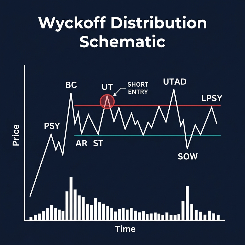 Wyckoff Distribution Schematic showing PSY, BC, AR, ST, UT (short entry), UTAD, SOW, LPSY with volume bars