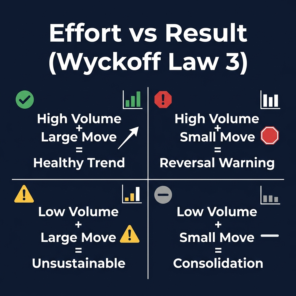 Effort vs Result matrix: High/Low Volume × Large/Small Move = 4 market interpretations