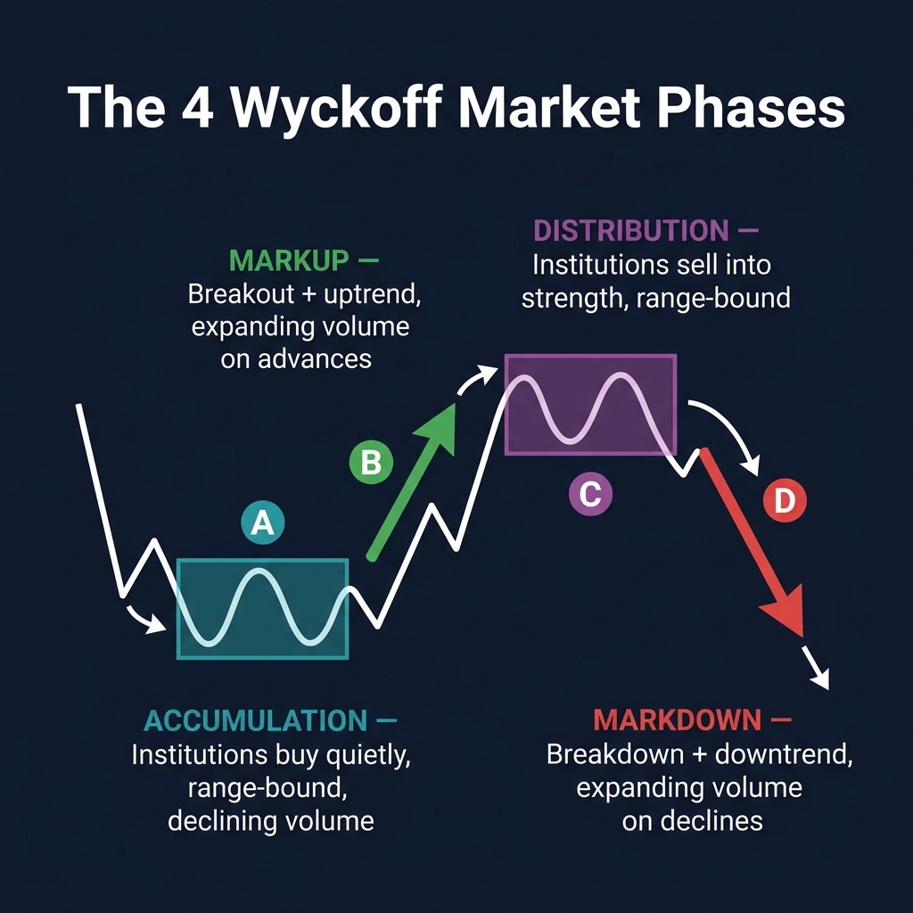 The 4 Wyckoff Market Phases: Accumulation → Markup → Distribution → Markdown in a complete cycle
