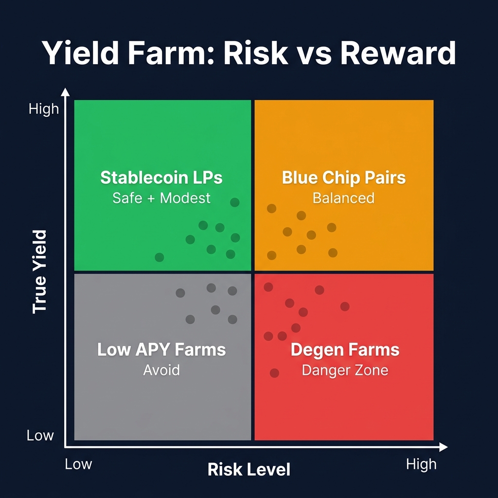 Risk vs reward matrix for DeFi yield opportunities showing quadrants: low risk/low yield, high risk/high yield, and the optimal frontier