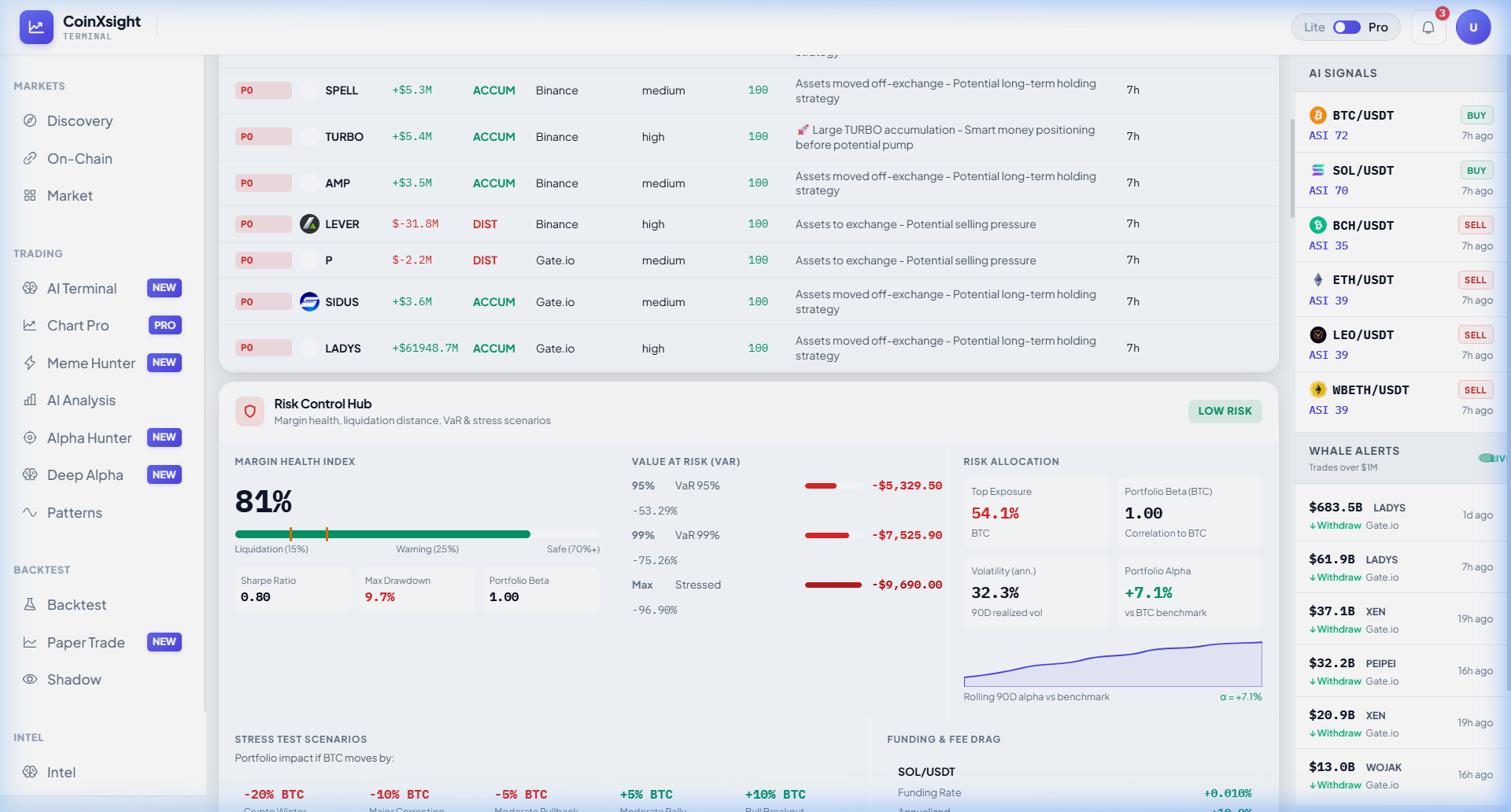 CoinXSight Dashboard showing Whale Stream, AI Signals panel, and Risk Control Hub