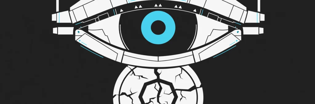 Robotic eye looming over a cracked crypto coin - AI threat to crypto cover