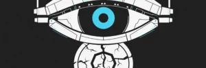 Robotic eye looming over a cracked crypto coin - AI threat to crypto cover