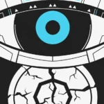 Robotic eye looming over a cracked crypto coin - AI threat to crypto cover