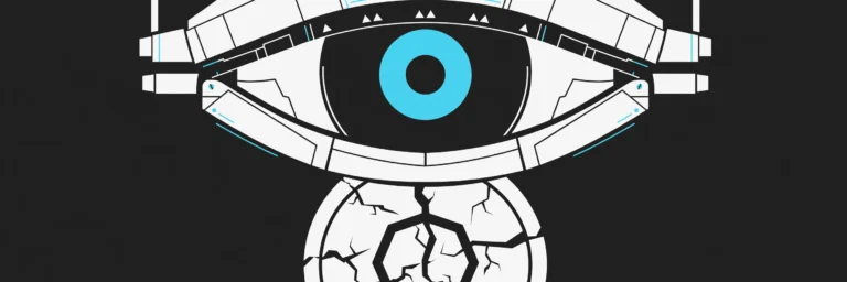 Robotic eye looming over a cracked crypto coin - AI threat to crypto cover