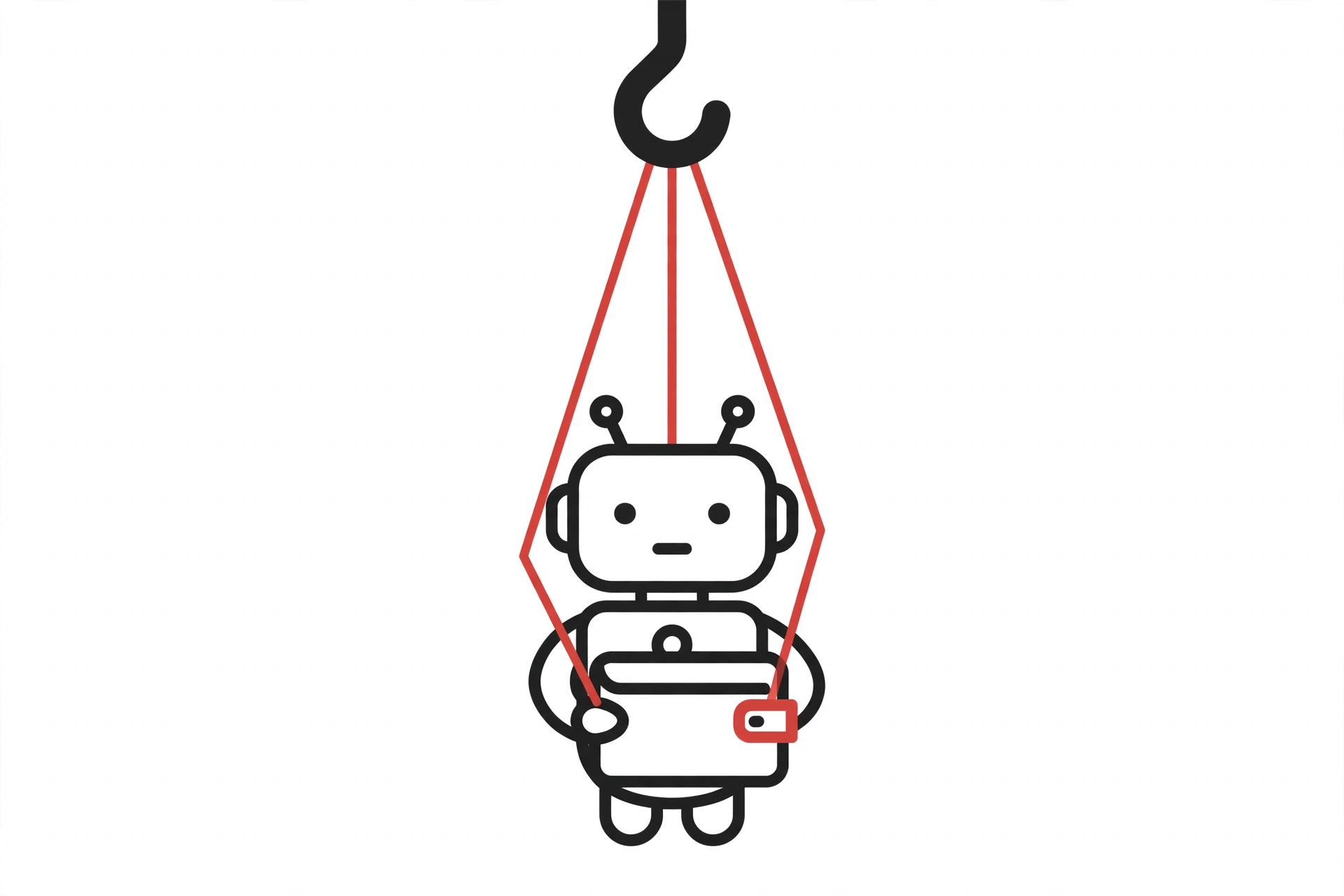Robot holding wallet controlled by hidden strings - AI agent attack
