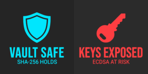 Vault safe (SHA-256 holds) vs keys exposed (ECDSA at risk), minimal flat style