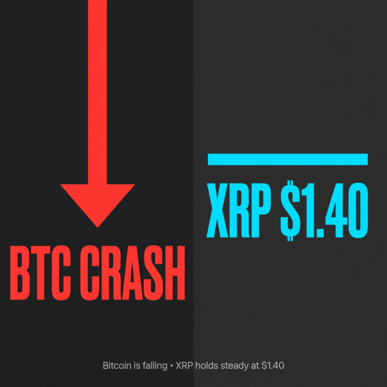 BTC Crash vs XRP $1.40 holding line, minimal flat Bloomberg FT style